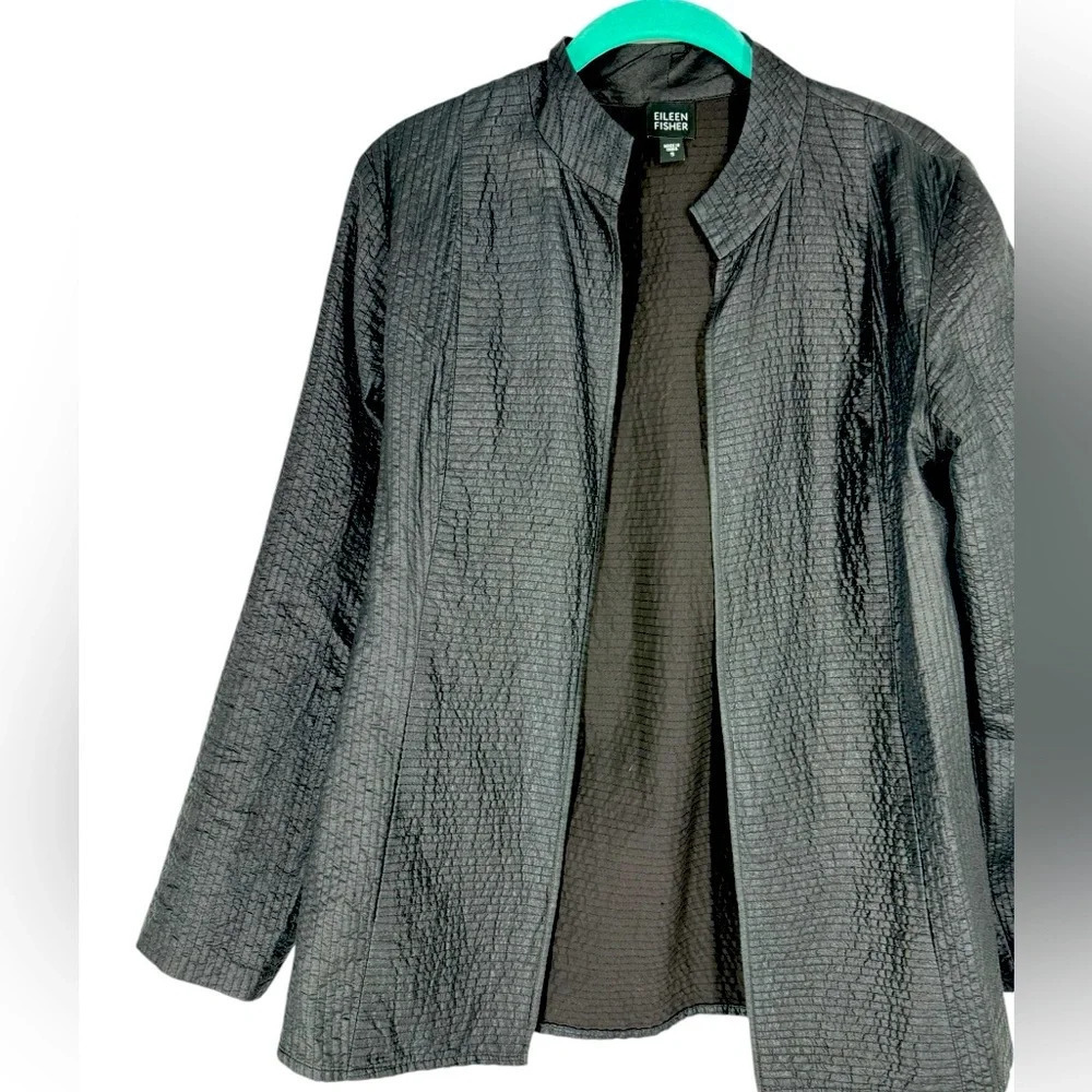 Quilted Silk Tussah black open front jacket size Small Eileen Fisher